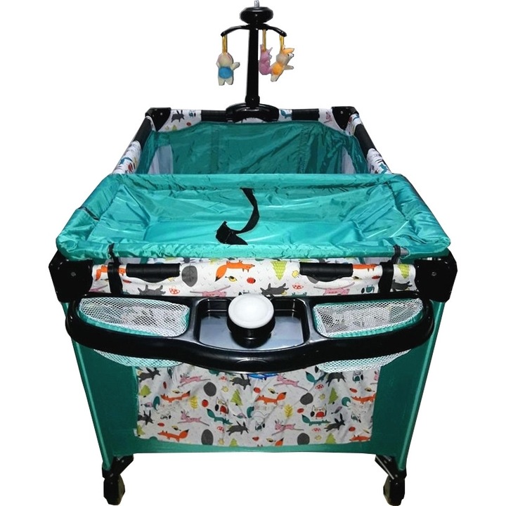Сгъваема кошара, детска кошара Baby Care™ NEST, сгъваема на 2 нива с музика и маса за повиване, играчка въртележка с допълнителни играчки, включена транспортна чанта, зелена с животни