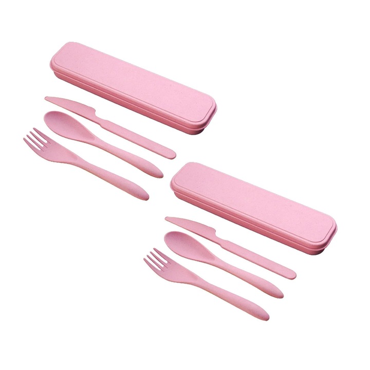 Set tacamuri reutilizabile ZYBLSSBB LSM2xh80-BCS0181163-1, furculita lingura cutit, inox, roz, set de 2, cu husa portabila