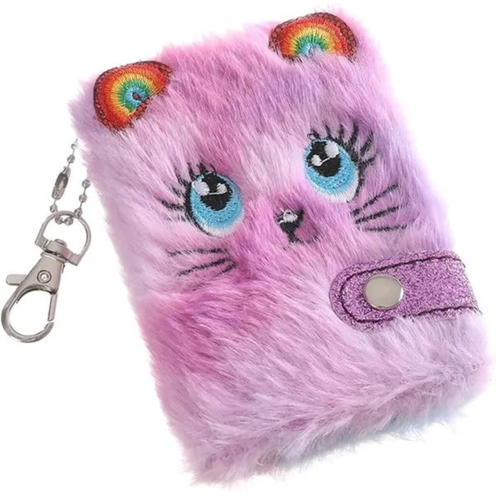 Caiet spiralat de buzunar cu husa plus, model pisica kawaii, cu breloc si inchidere cu capsa, roz, PRE-CJk0515-26-0820-8946
