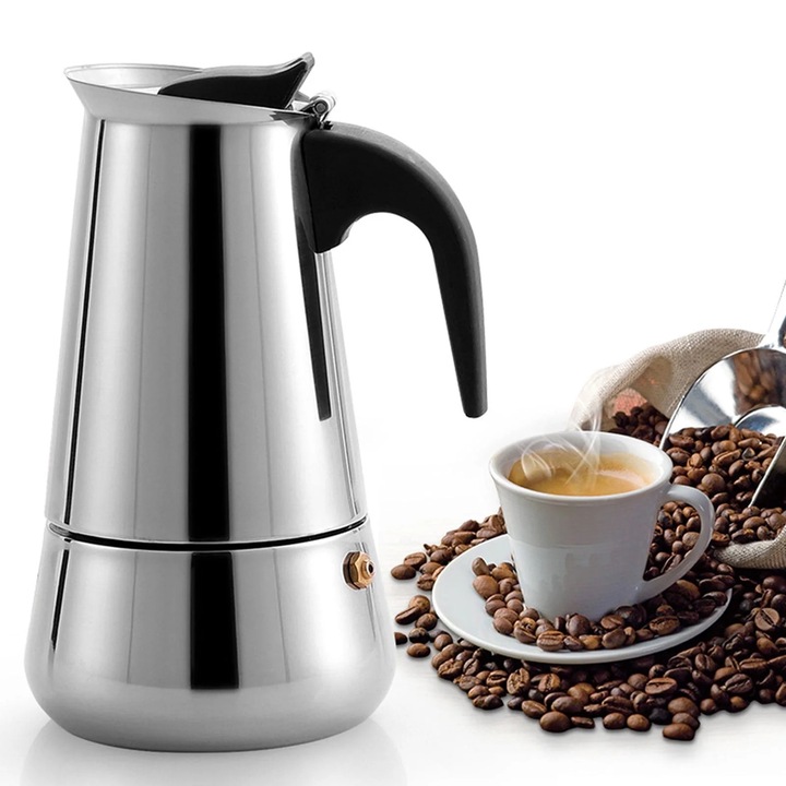 Cafetiera percolator ZYBLSSBB LSM2xh5809-BCS0232149, otel inoxidabil, compatibila cu plite inductie/ceramica/electrica, maner ergonomic, argintiu