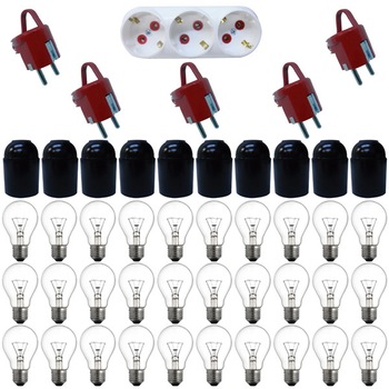 Pachet - 30 x Bec cu fasung E27, 75W + 10 x Fasung din plastic E27 + 5 x Stecher ceramic Schuko + Gelux triplu stecher Pachet - 30 x Bec cu fasung E27, 75W + 10 x Fasung din plastic E27 + 5 x Stecher ceramic Schuko + Gelux triplu stecher