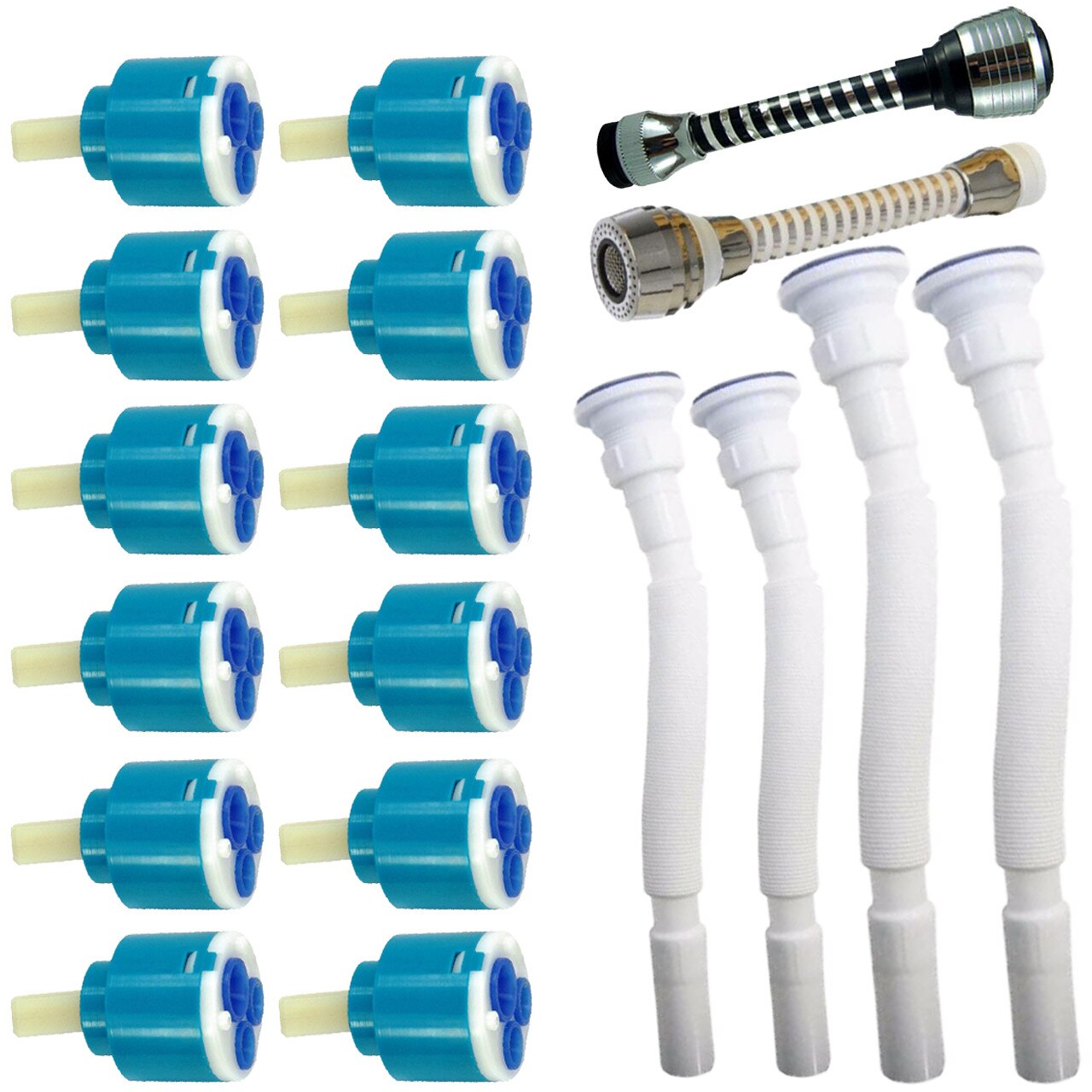 Pachet - 12 x Cartus baterie, 40mm + 2 x Perlator baterie (negru, alb) + 4 x Sifon flexibil pentru scurgere chiuveta bucatarie (2x32mm, 2x40mm)