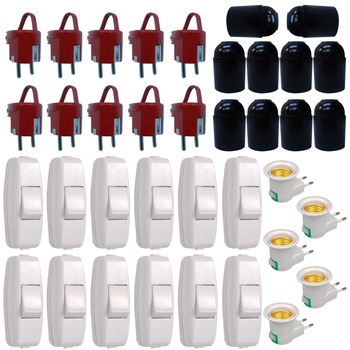 Pachet - 12 x Intrerupator pe fir + 10 x Stecher ceramic, Suko + 10 x Fasung din plastic E27 + 5 x Stecher cu fasung E27 si intrerupator Pachet - 12 x Intrerupator pe fir + 10 x Stecher ceramic, Suko + 10 x Fasung din plastic E27 + 5 x Stecher cu fasung E27 si intrerupator