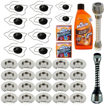 Pachet - 20 x Sita inox pentru chiuveta + 10 x Dop chiuveta + 2 x Mr Muscle granule pentru desfundat tevi, 50g + Mr Muscle gel desfundat tevi, baie si bucatarie, 500 ml + 2 x Perlator sita chiuveta cu prelungitor flexibil (alb, negru) Pachet - 20 x Sita inox pentru chiuveta + 10 x Dop chiuveta + 2 x Mr Muscle granule pentru desfundat tevi, 50g + Mr Muscle gel desfundat tevi, baie si bucatarie, 500 ml + 2 x Perlator sita chiuveta cu prelungitor flexibil (alb, negru)
