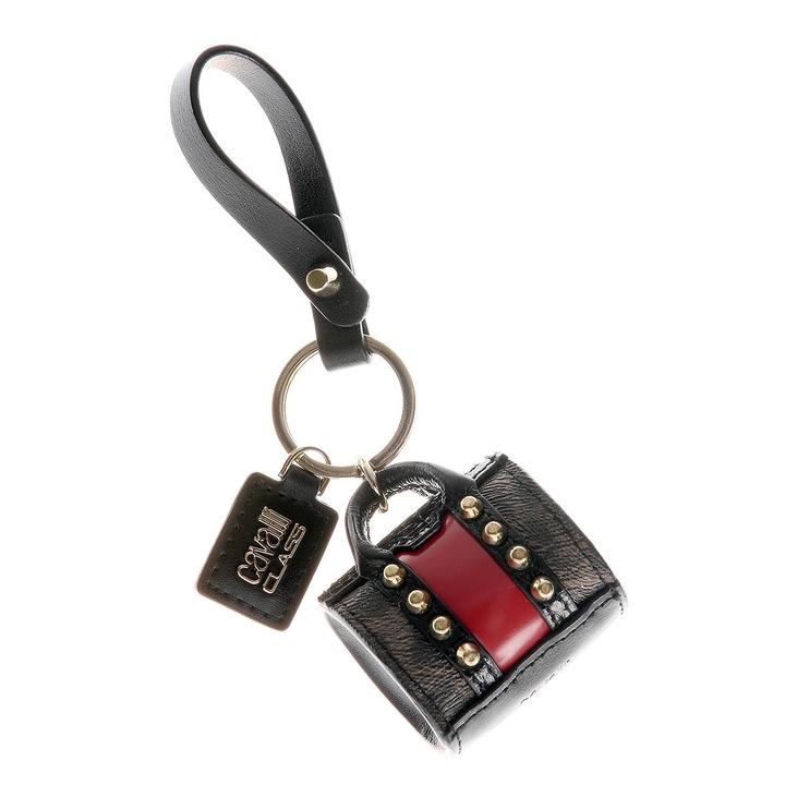 Breloc din piele cu forma de mini geanta culoare rosu si negru, Roberto Cavalli Class
