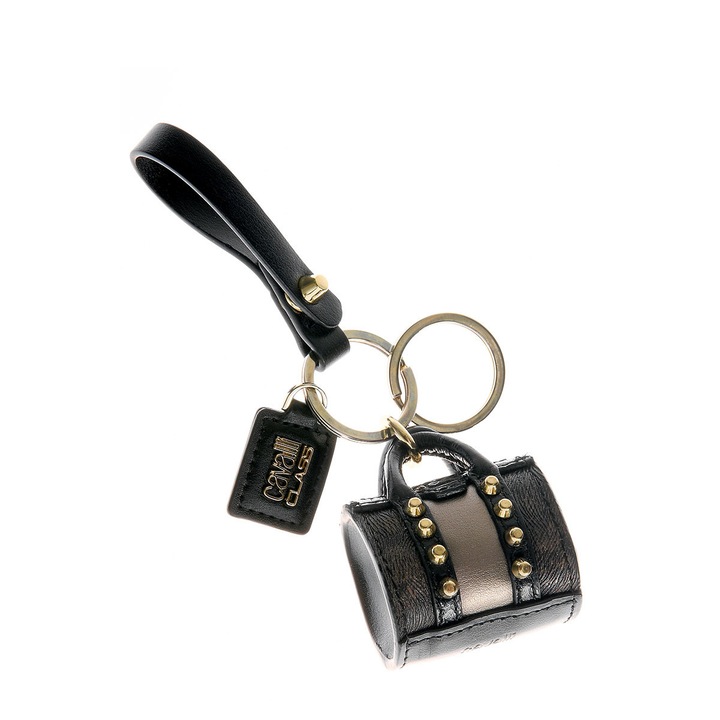 Breloc din piele cu forma de mini geanta culoare rosu si negru, auriu si maro, Roberto Cavalli Class