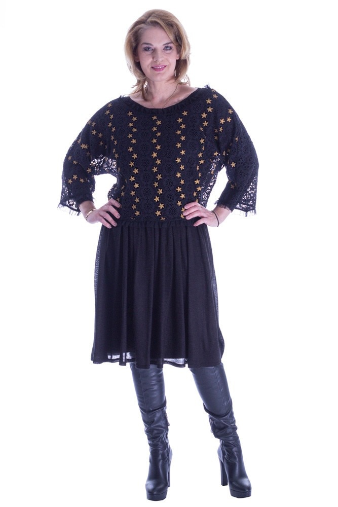 Rochie neagra jerse lana pictata manual Liza Panait R-342E