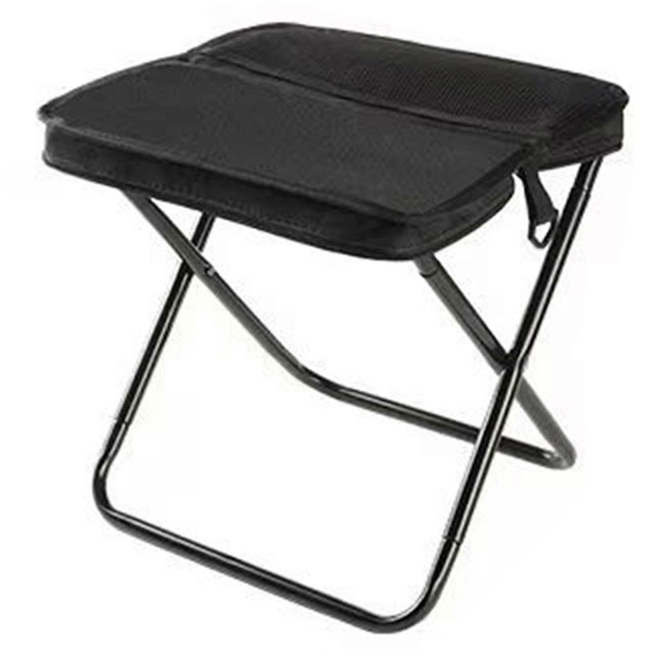 Taburet pliant pentru camping K0206-F-260827-3298, cadru din otel carbon X-frame, material 600D Oxford PU rezistent la apa, capacitate 120 kg, negru, dimensiuni: mare 31×29×25 cm / mic 24×26×24 cm