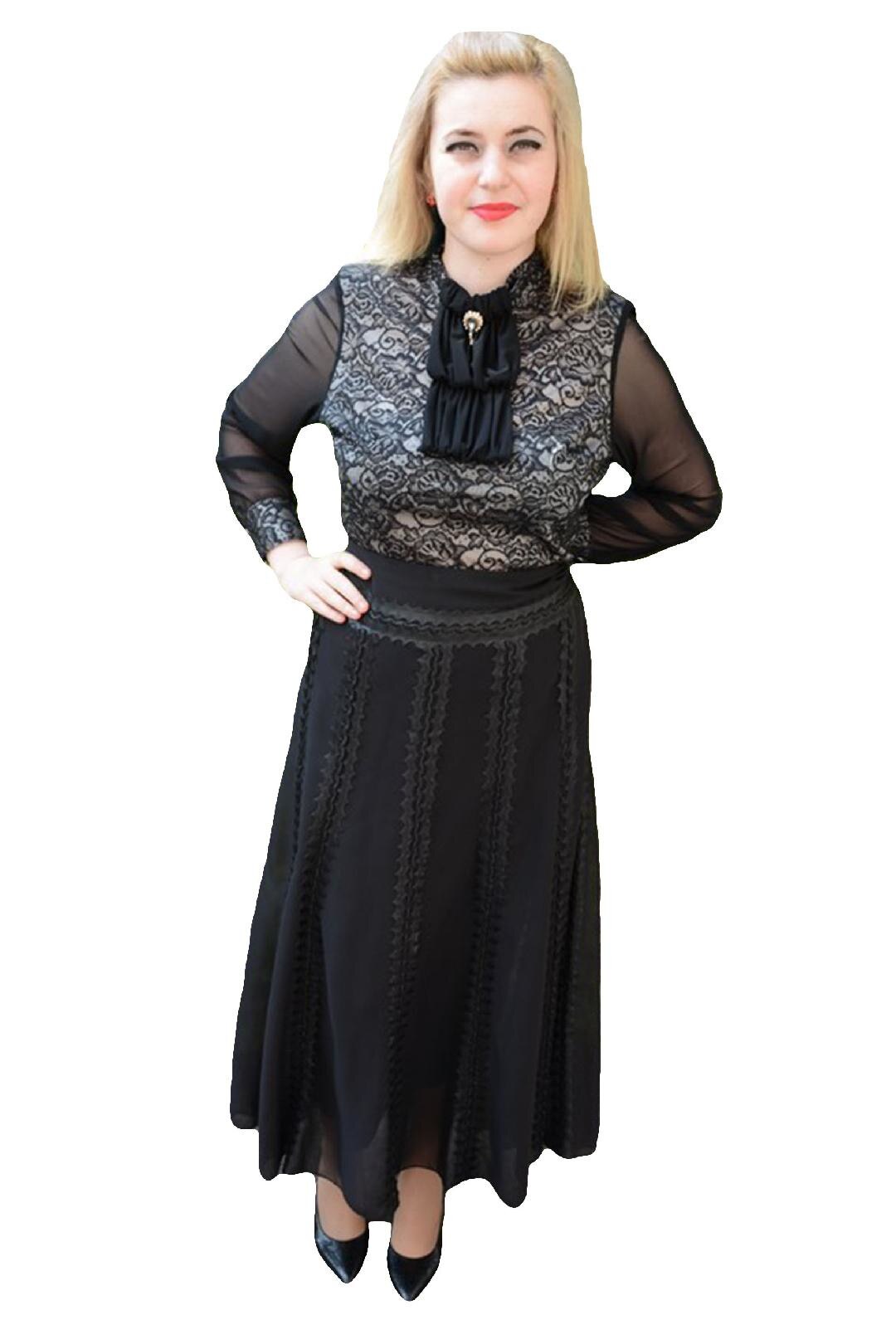 Fusta lunga cu insertii de material fin, D&J Exclusive, Negru, 50