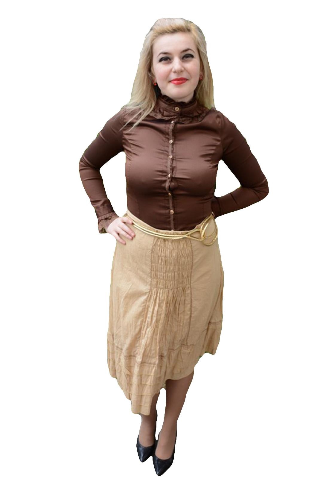 Fusta de primavara-vara cu design de fronseuri, D&J Exclusive,, Bej