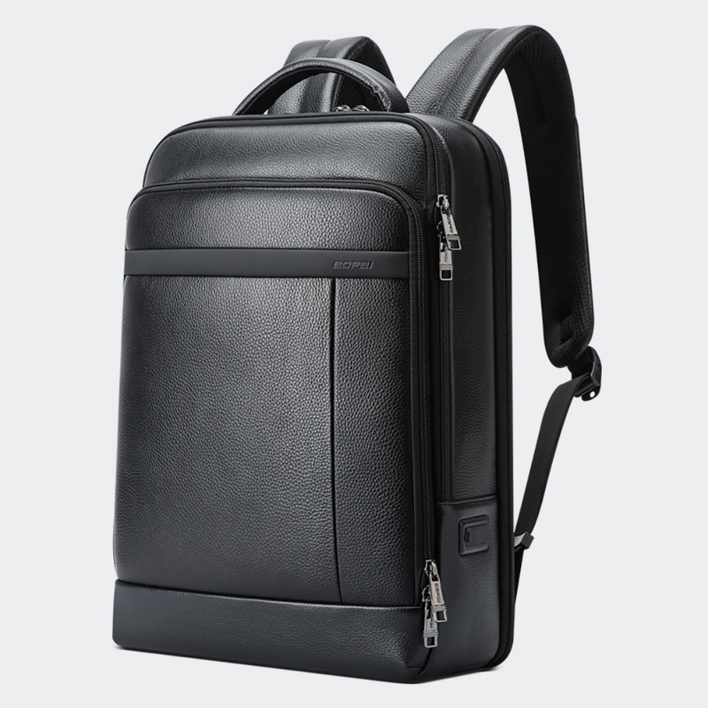 Bopai, rucsac pentru laptop din piele naturala Infinite Leather cu protectie 15.6" , port USB integrat, curele anatomice, prindere pentru troller, 19 L, negru, 43 x 31 x 14 cm