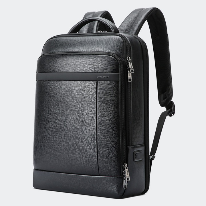 Bopai, rucsac pentru laptop din piele naturala Infinite Leather cu protectie 15.6" , port USB integrat, curele anatomice, prindere pentru troller, 19 L, negru, 43 x 31 x 14 cm
