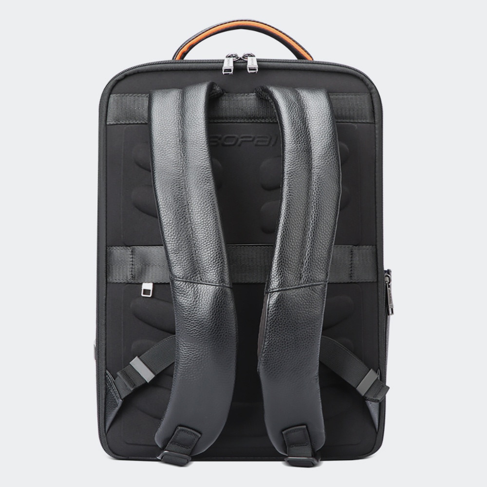 Bopai, rucsac pentru laptop din piele naturala Infinite Leather cu protectie 15.6" , port USB integrat, curele anatomice, prindere pentru troller, 19 L, negru, 43 x 31 x 14 cm