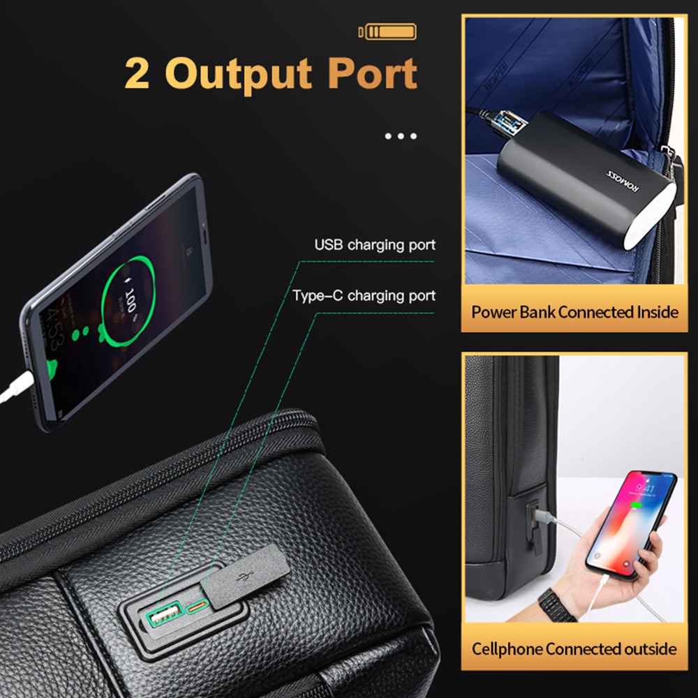 Bopai, rucsac pentru laptop din piele naturala Infinite Leather cu protectie 15.6" , port USB integrat, curele anatomice, prindere pentru troller, 19 L, negru, 43 x 31 x 14 cm