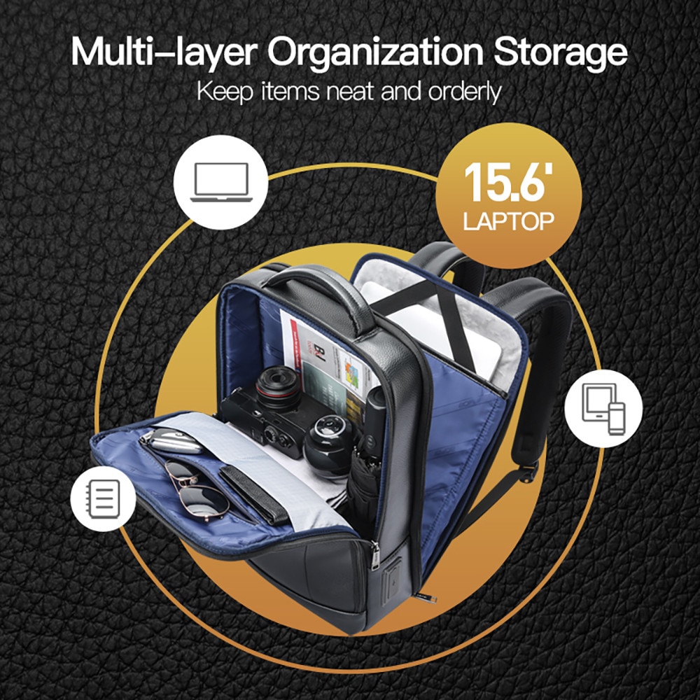 Bopai, rucsac pentru laptop din piele naturala Infinite Leather cu protectie 15.6" , port USB integrat, curele anatomice, prindere pentru troller, 19 L, negru, 43 x 31 x 14 cm