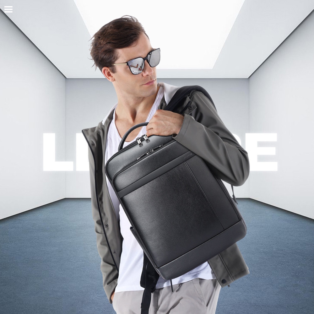 Bopai, rucsac pentru laptop din piele naturala Infinite Leather cu protectie 15.6" , port USB integrat, curele anatomice, prindere pentru troller, 19 L, negru, 43 x 31 x 14 cm