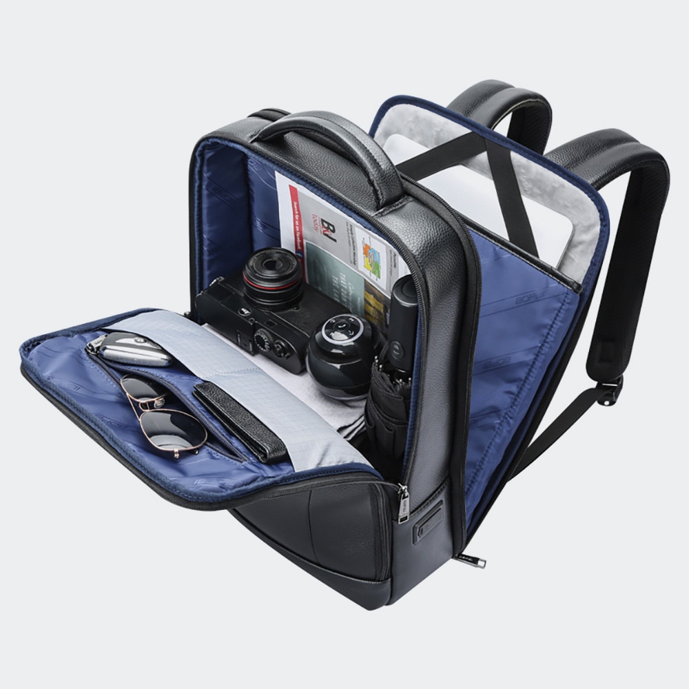 Bopai, rucsac pentru laptop din piele naturala Infinite Leather cu protectie 15.6" , port USB integrat, curele anatomice, prindere pentru troller, 19 L, negru, 43 x 31 x 14 cm
