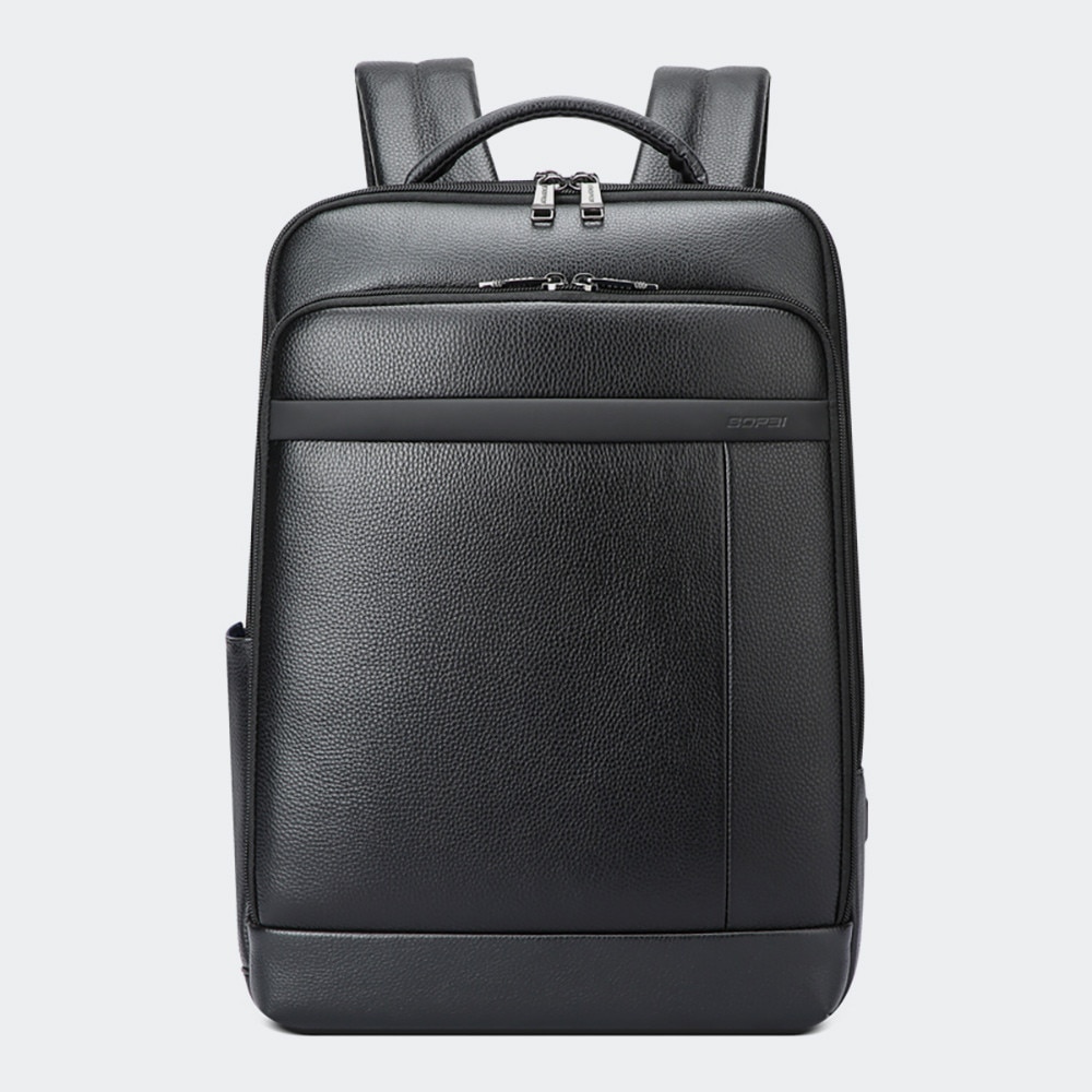 Bopai, rucsac pentru laptop din piele naturala Infinite Leather cu protectie 15.6" , port USB integrat, curele anatomice, prindere pentru troller, 19 L, negru, 43 x 31 x 14 cm