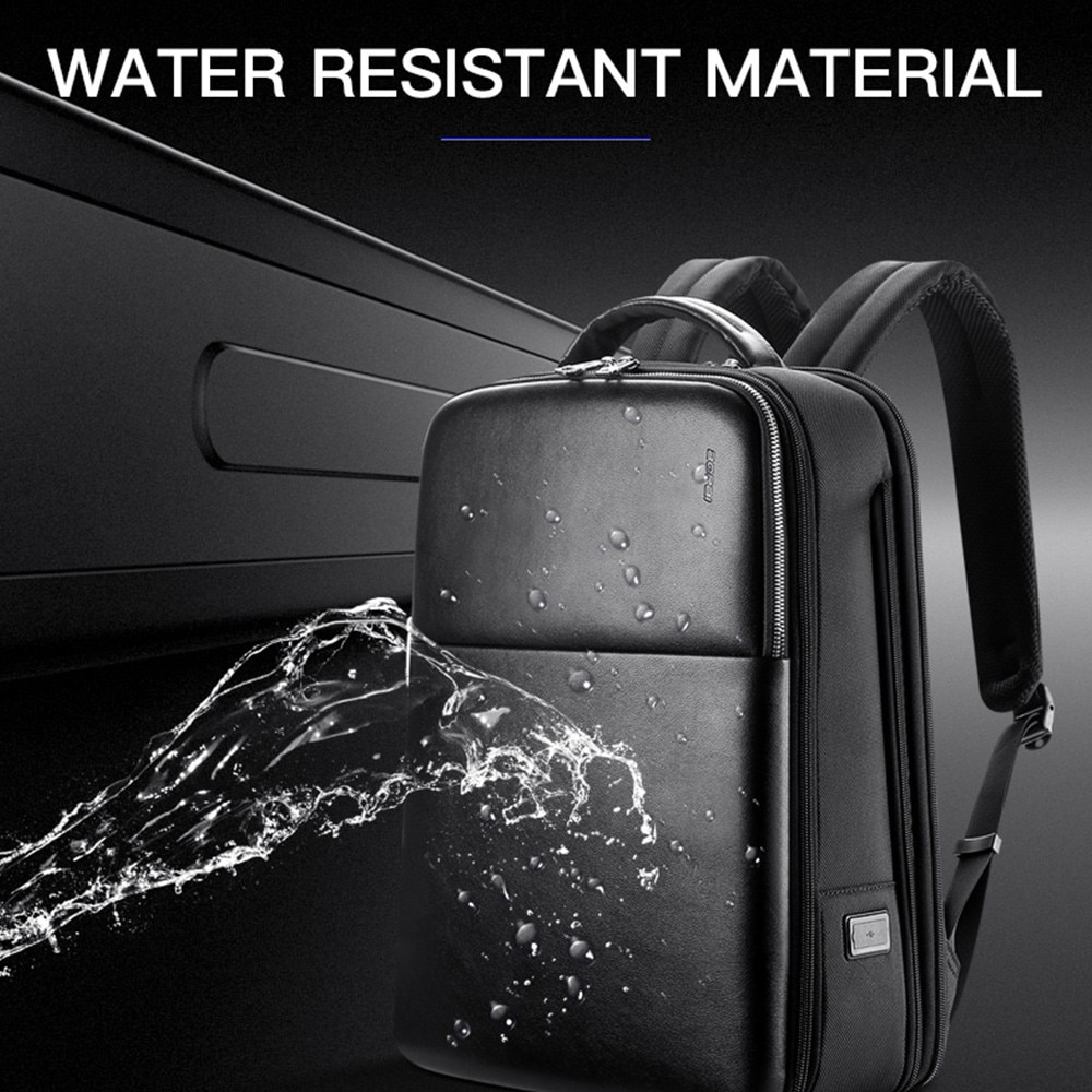 Bopai, rucsac din piele naturala si poliester, rezistent la apa si extensibil, compartiment laptop 15,6", port USB integrat, bretea pentru troller, 27 L, negru, 44x34x18 cm