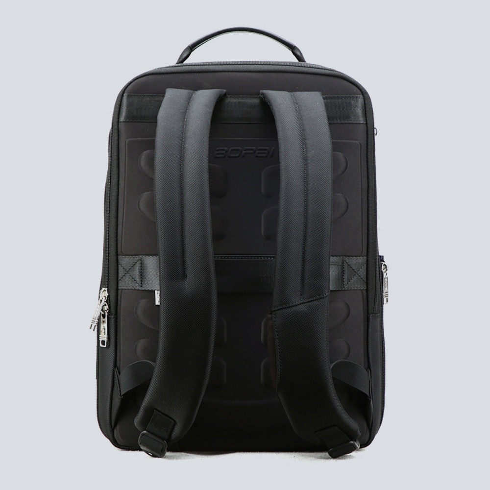 Bopai, rucsac din piele naturala si poliester, rezistent la apa si extensibil, compartiment laptop 15,6", port USB integrat, bretea pentru troller, 27 L, negru, 44x34x18 cm