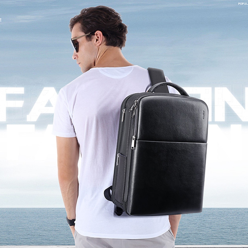 Bopai, rucsac din piele naturala si poliester, rezistent la apa si extensibil, compartiment laptop 15,6", port USB integrat, bretea pentru troller, 27 L, negru, 44x34x18 cm
