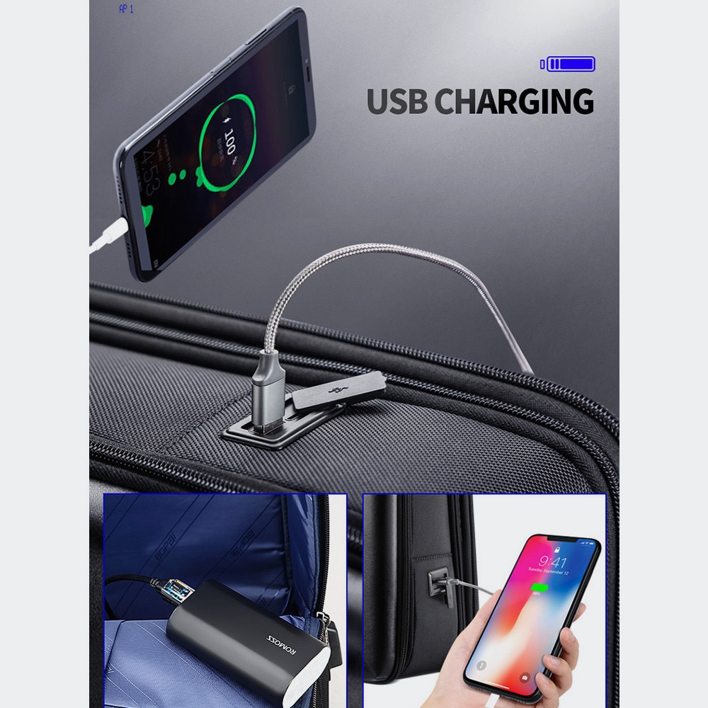 Bopai, rucsac din piele naturala si poliester, rezistent la apa si extensibil, compartiment laptop 15,6", port USB integrat, bretea pentru troller, 27 L, negru, 44x34x18 cm