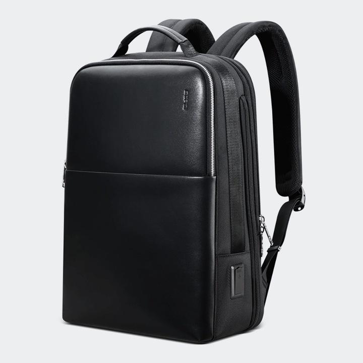 Bopai, rucsac din piele naturala si poliester, rezistent la apa si extensibil, compartiment laptop 15,6", port USB integrat, bretea pentru troller, 27 L, negru, 44x34x18 cm