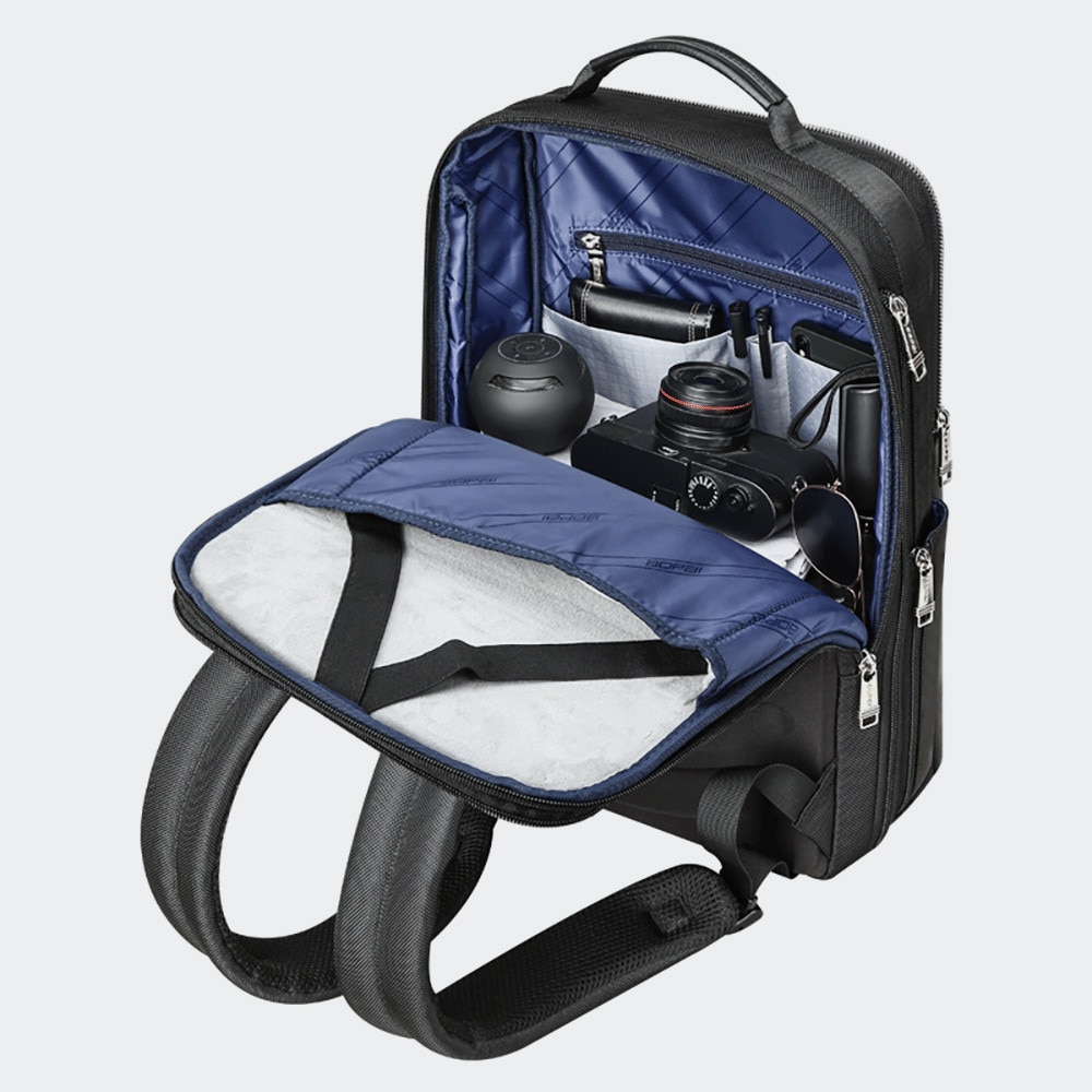 Bopai, rucsac din piele naturala si poliester, rezistent la apa si extensibil, compartiment laptop 15,6", port USB integrat, bretea pentru troller, 27 L, negru, 44x34x18 cm