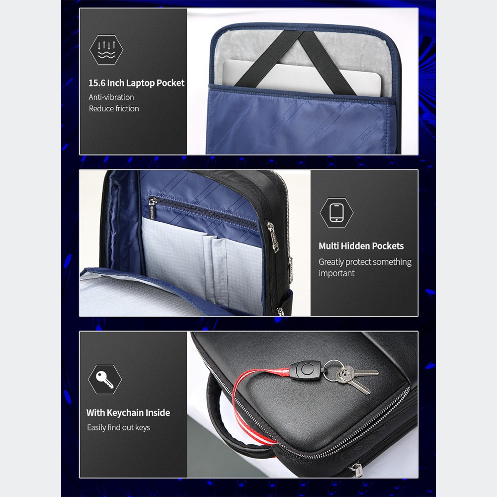 Bopai, rucsac din piele naturala si poliester, rezistent la apa si extensibil, compartiment laptop 15,6", port USB integrat, bretea pentru troller, 27 L, negru, 44x34x18 cm