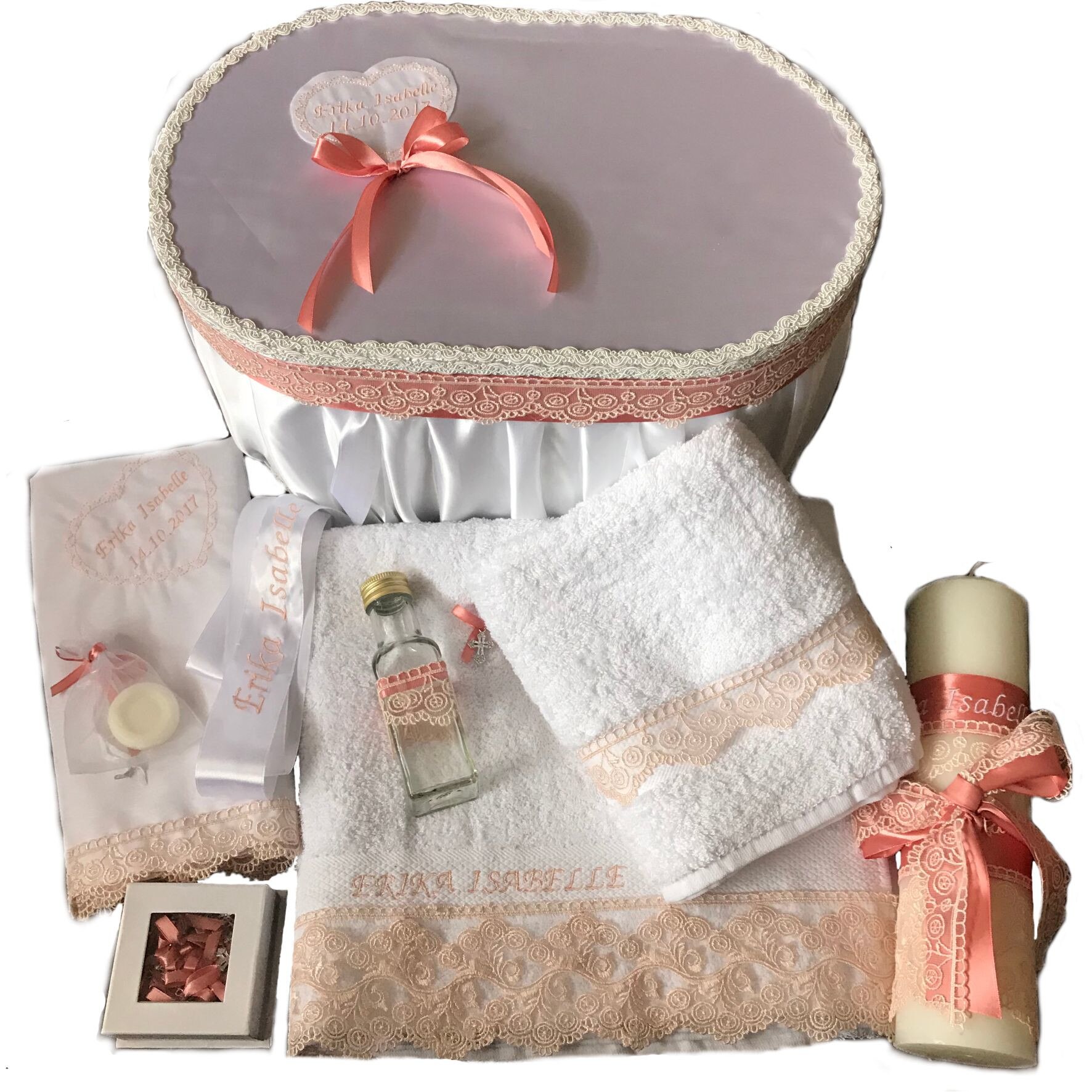 Set trusou lumanare cutie cruciulite botez Simonne - personalizat 9 piese, fetita