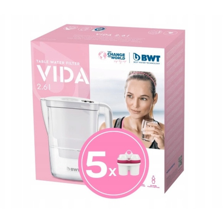 Carafa Filtranta BWT Vida 2.6L, 5 Filtre Incluse, Alb
