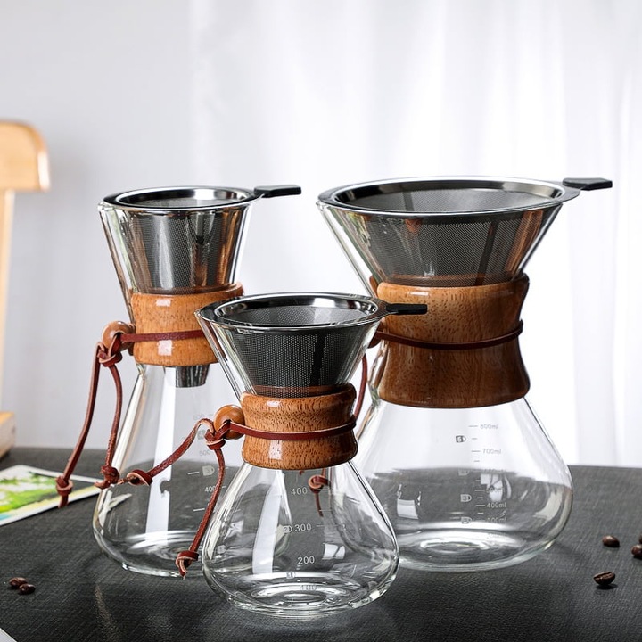 Filtru pour over pentru cafea YANYXR BCS3036680, carafa din sticla, sita reutilizabila din otel inoxidabil 0,2 mm, colier din lemn, fara hartie, transparent, 400 ml