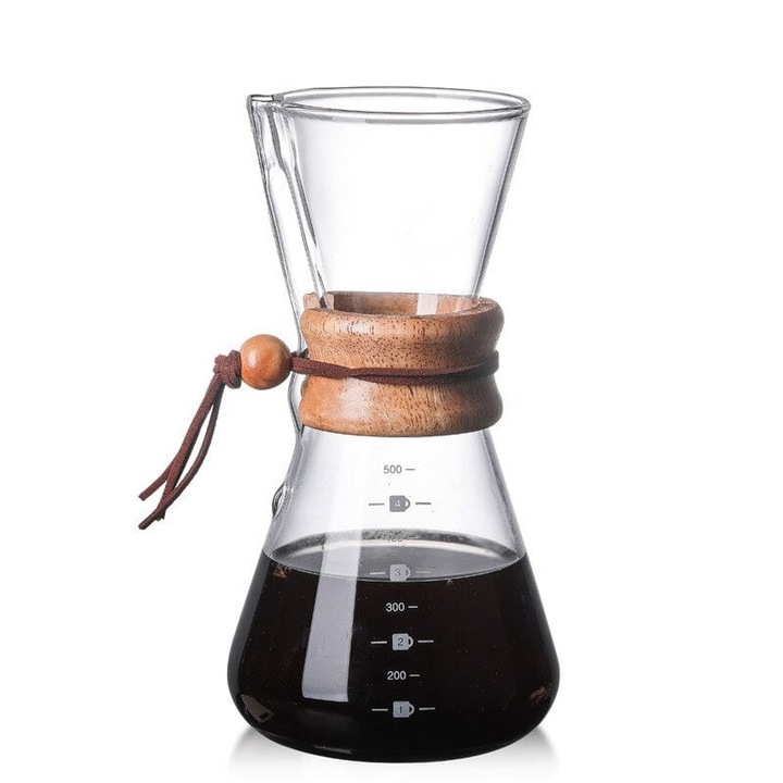 Cafetiera pour over YANYXR BCS3051334, carafa din sticla fara BPA cu filtru reutilizabil din otel inoxidabil, guler lemn natural, 800 ml