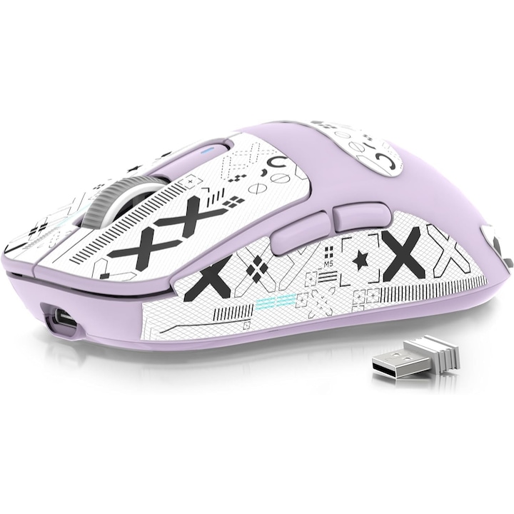 Безжична геймърска мишка ATTACK SHARK® X3, ергономична мишка 49g, Bluetooth 5.2/2.4G Wireless/С кабел, геймърски сензор PAW3395, 26K DPI, живот на батерията 200h, Виолетов