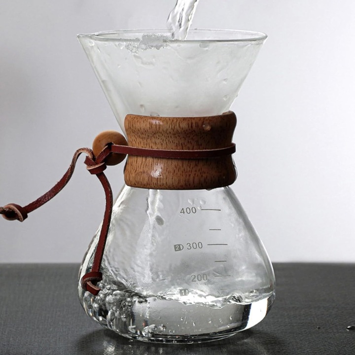 Filtru pour over pentru cafea YANYXR BCS3036679, carafa din sticla cu filtru metalic din otel inoxidabil single-layer, manson lemn si snur piele, transparent/maro, 400 ml