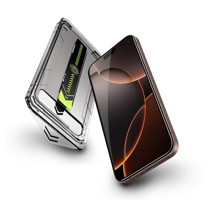 Pachet 2 x Folie Sticla Upzz® Titan Pentru iPhone 18 PRO MAX, Aplicator Inclus, Montaj Rapid, Transparenta Cu Rama Neagra