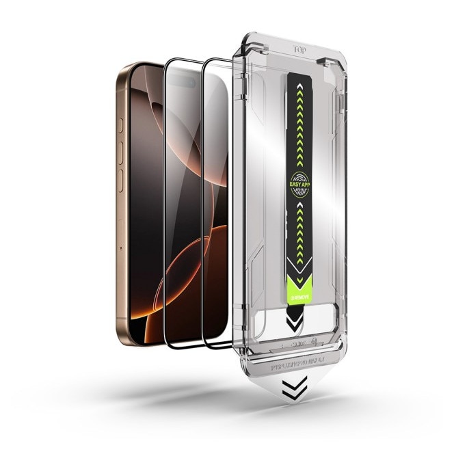 Pachet 2 x Folie Sticla Upzz® Titan Pentru iPhone 18 PRO MAX, Aplicator Inclus, Montaj Rapid, Transparenta Cu Rama Neagra