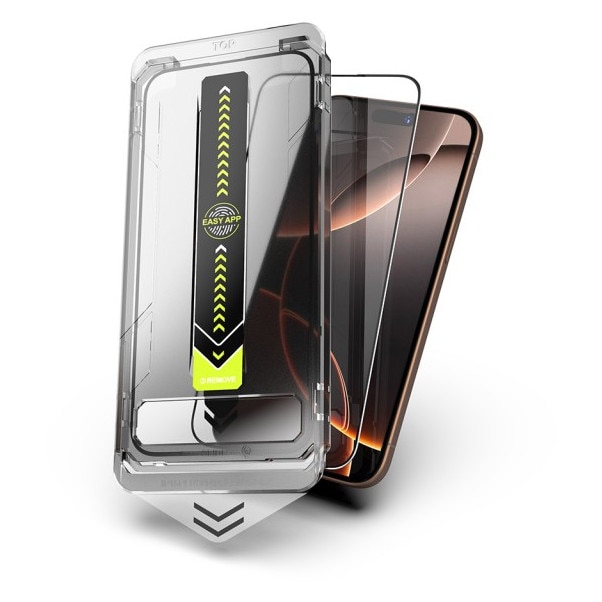 Pachet 2 x Folie Sticla Upzz® Titan Pentru iPhone 18 PRO MAX, Aplicator Inclus, Montaj Rapid, Transparenta Cu Rama Neagra