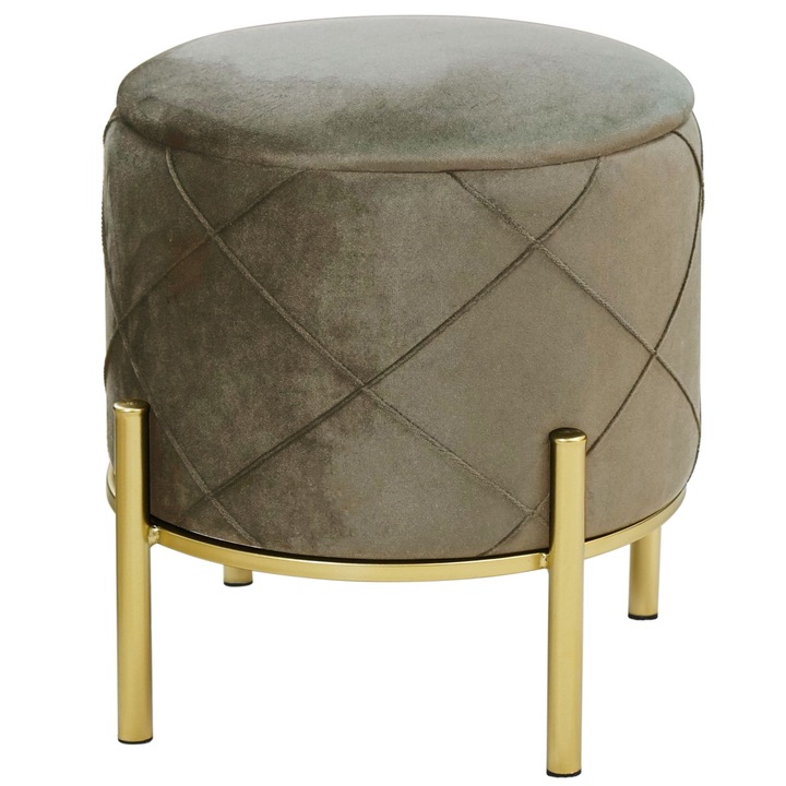 Taburet cu Depozitare AKORD SAVANA din Catifea Matlasata Bej cu Picioare Aurii, Material Catifea, Baza Otel, Greutate Maxima Suportata 80 kg, Culoare Corp Auriu, Pouf cu Spatiu de Depozitare, Design Modern, Functional si Estetic, Utilizare Versatila