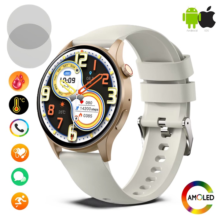 Ceas SmartWatch ZENARK® Y8 LITE, Ecran 1.43 inch AMOLED, Rezolutie Ultra HD 4K 466x466, Functie Glicemie, Somn, Ritm Cardiac, Tensiune Arteriala, MET, SpO2, VRC/HRV cardiac, Respiratie, Presiune, Notificari/Apeluri, Rezistent la Apa IP68, Bluetooth, Bej