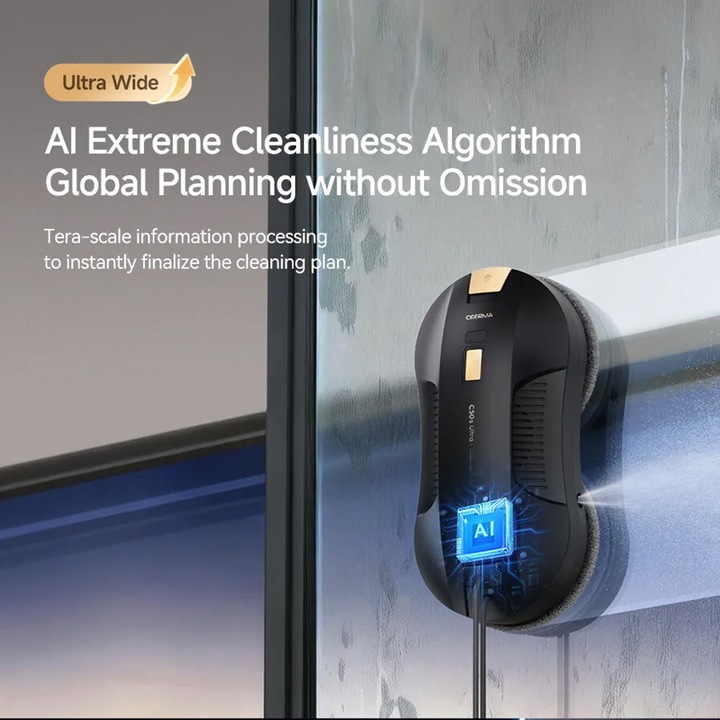 Robot Curatare Geamuri. DEERMA, Curatare Automata SI Locala, Pulverizare Automata Dubla, Telecomanda, 4 X Moduri de Curatare, Rezervor Apa, Detectare Margini, Cablu De Siguranta, Putere De Curatare