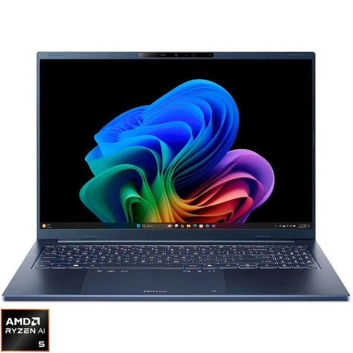 Laptop Acer Swift Go 16 AI OLED cu procesor AMD Ryzen™ AI 5 430 pana la 4.5GHz, 16" WUXGA, OLED, 16GB LPDDR5X RAM, 1TB SSD, AMD Radeon™ 840M, Windows 11 Home, Steam Blue