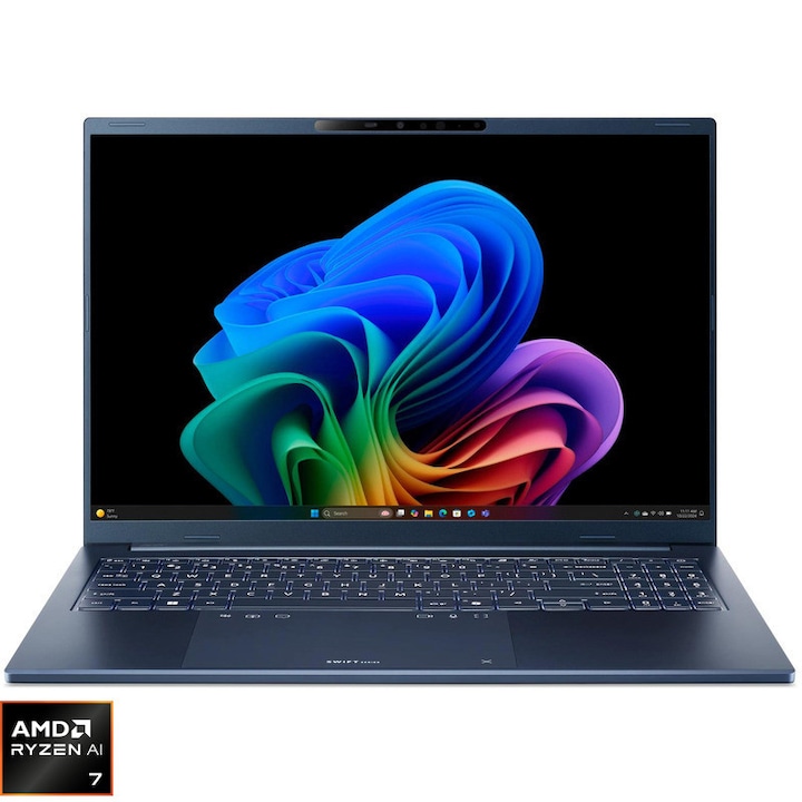 Laptop Acer Swift Go 16 AI OLED cu procesor AMD Ryzen™ AI 7 445 pana la 4.6GHz, 16" WUXGA, OLED, 16GB LPDDR5X RAM, 1TB SSD, AMD Radeon™ 840M, Windows 11 Home, Steam Blue
