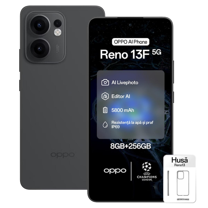 Telefon mobil OPPO Reno 13F, 5G Dual SIM, 8GB RAM, 256GB, Graphite Grey + Husa Protectie Reno13F Transparent Gray