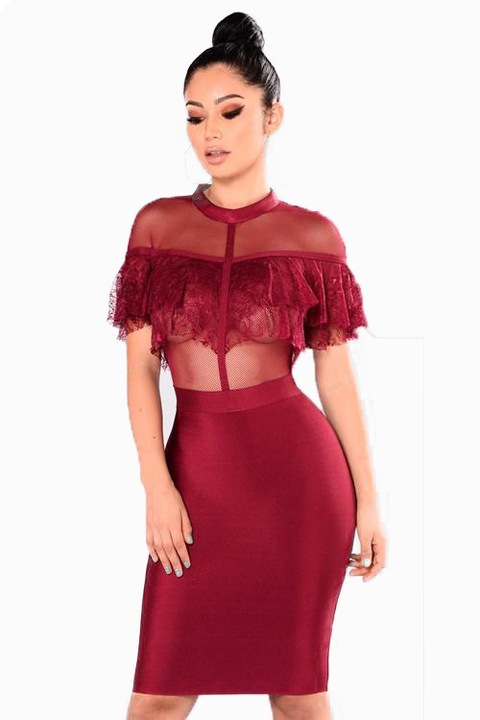 Regina's Desire - Nadine Fodros Csipkés Bodycon Ruha - Bordó - XXL