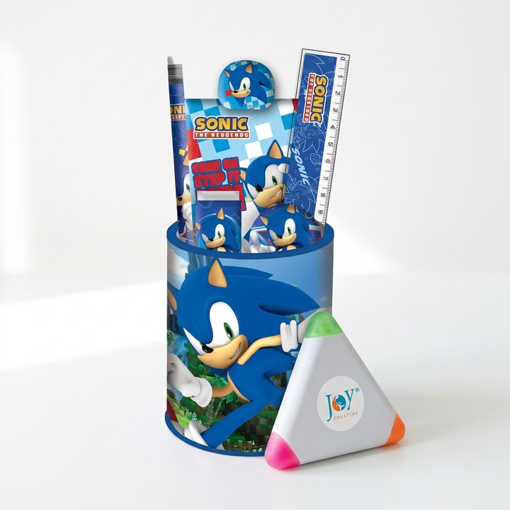 Комплект канцеларски материали за деца от 7 части Sonic the Hedgehog, с флумастери Joy Creative, син
