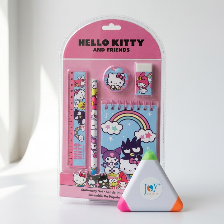 Комплект детски канцеларски материали от 5 части Hello Kitty, с флумастери Joy Creative, син