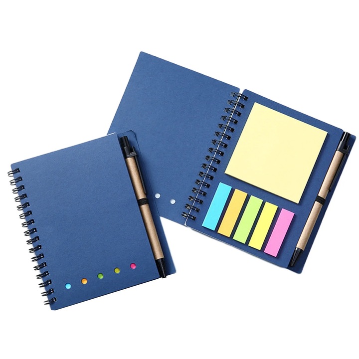 Notebook spiralat YANYXR BCS3050327 cu sticky notes, indexuri colorate si pix, albastru, 12 x 14.5 x 1 cm, 60 pagini