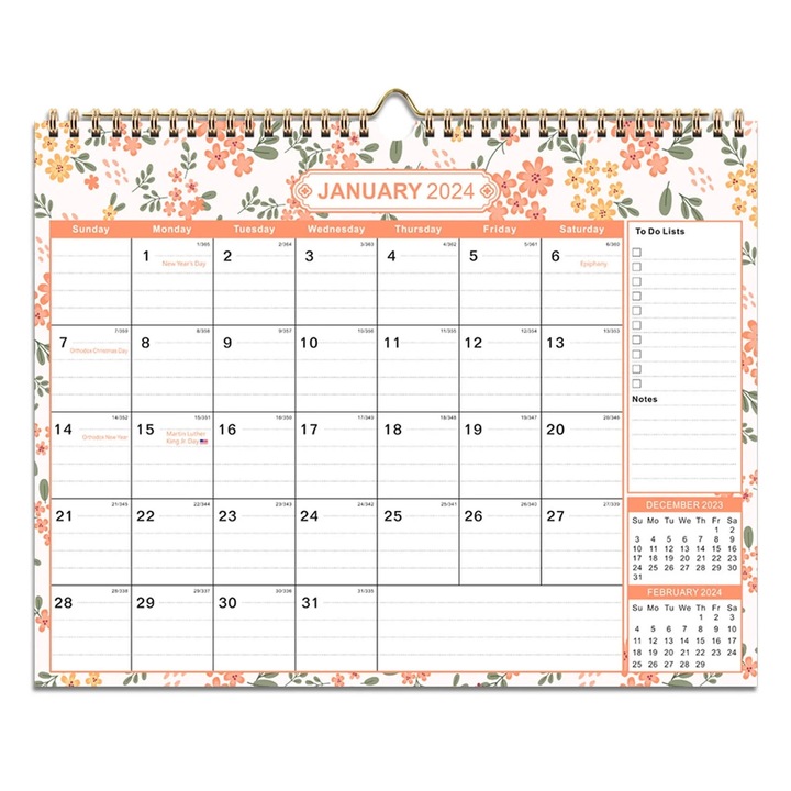 Calendar de perete YANYXR BCS3050249, 18 luni (ian. 2024–iun. 2025), legare cu sarma dubla, casete mari pentru scris, lista de sarcini si notite, design floral multicolor