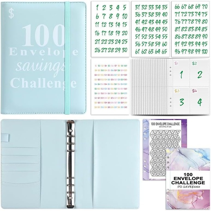 Set pentru provocarea economisirii 100 plicuri YANYXR BCS3053317, binder cu 100 plicuri numerotate, autocolante si buzunare interioare, albastru deschis